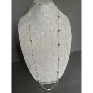 Talbots Womens Necklace Gold Tone Satin Finish Burnt Orange Beads Long 42” Chain